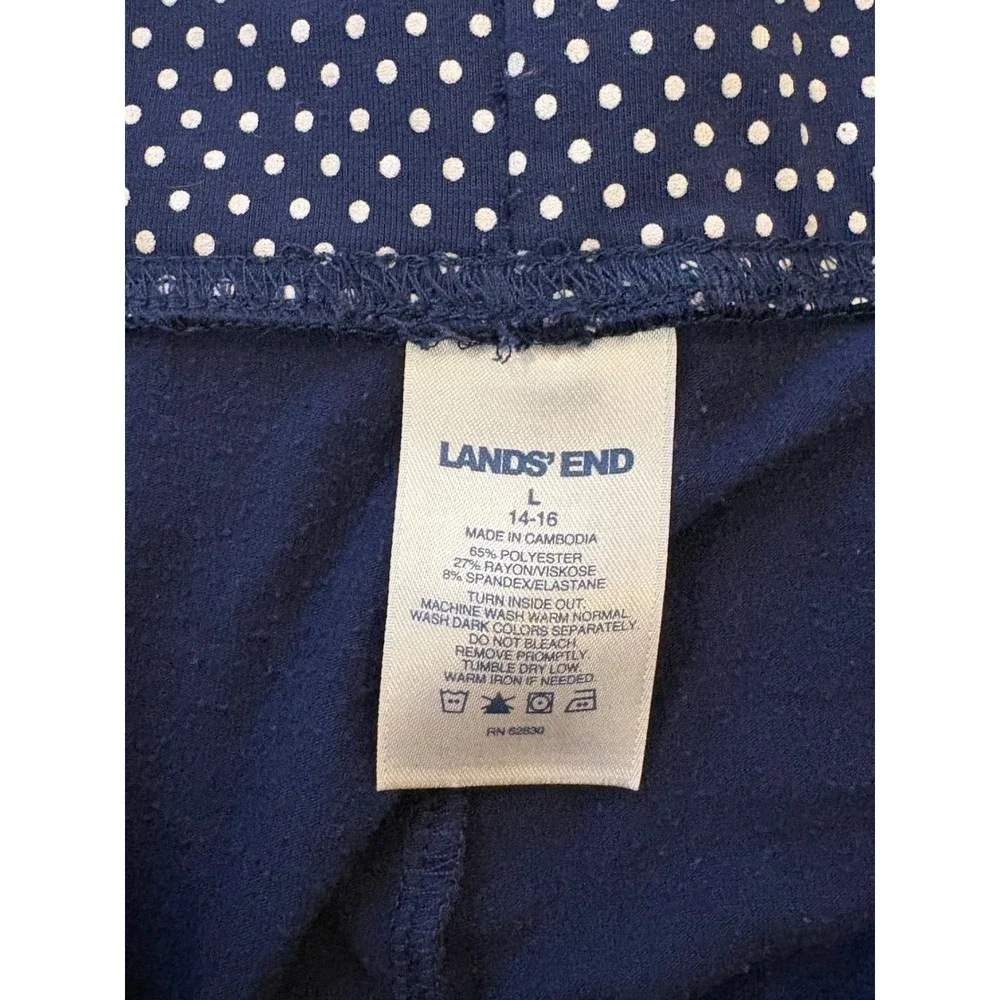 Lands End Womens Navy Polka Dot Pajama Set Long Sleeve Top and Pants Large 14-16